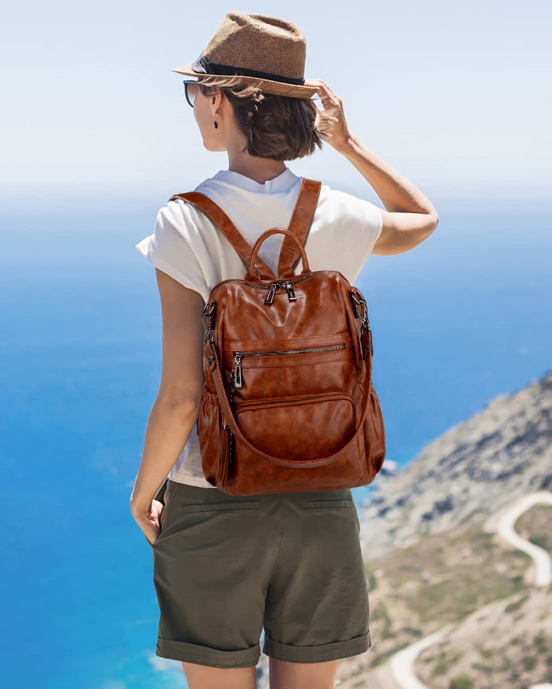 UTO حقيبة ظهر نسائية من UTO مصنوعة من جلد PU الشمعي، حقيبة سفر مصممة للأزياء مع زخرفة من السلاسل باللون البني - Image 2